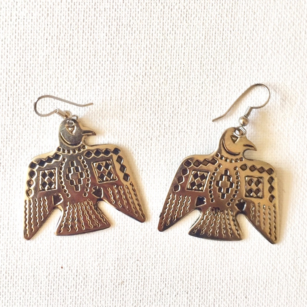 Native American Thunderbird Boho Southwestern Totem Silver Dangle Earrings